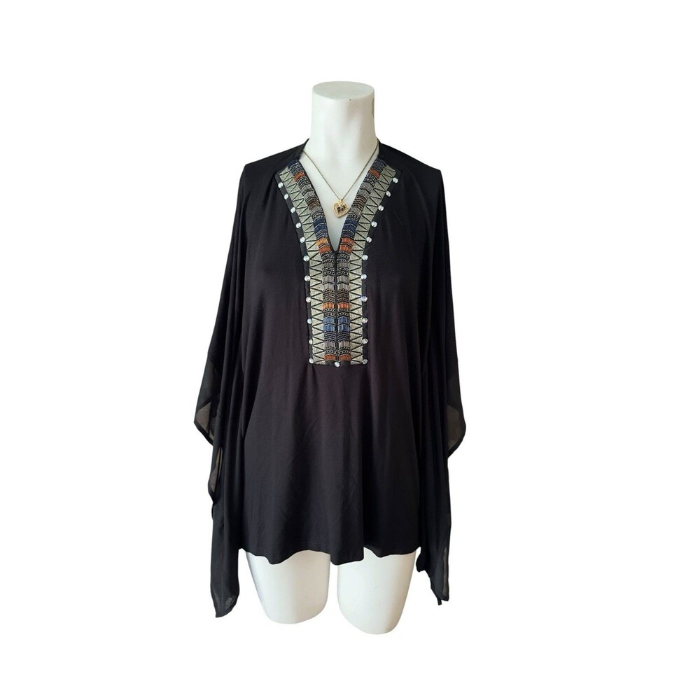 Kimono Women's Black Kaftan Tunic mumu top XL boho embroidered beaded